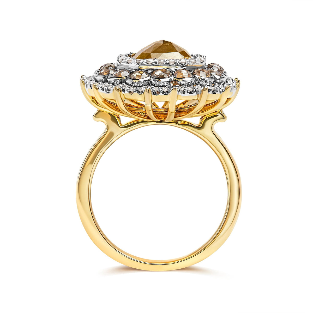14K Yellow Gold 4 1/4 Cttw Rose Cut Emerald Diamond Triple Halo Cocktail Ring (Fancy Color, I1-I2 Clarity) - Size 7 - LinkagejewelrydesignLinkagejewelrydesign