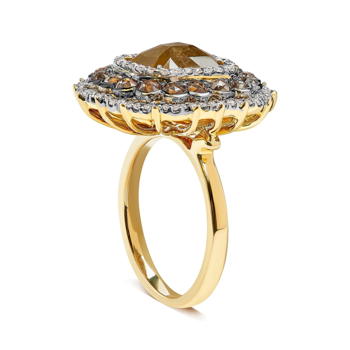 14K Yellow Gold 4 1/4 Cttw Rose Cut Emerald Diamond Triple Halo Cocktail Ring (Fancy Color, I1-I2 Clarity) - Size 7 - LinkagejewelrydesignLinkagejewelrydesign