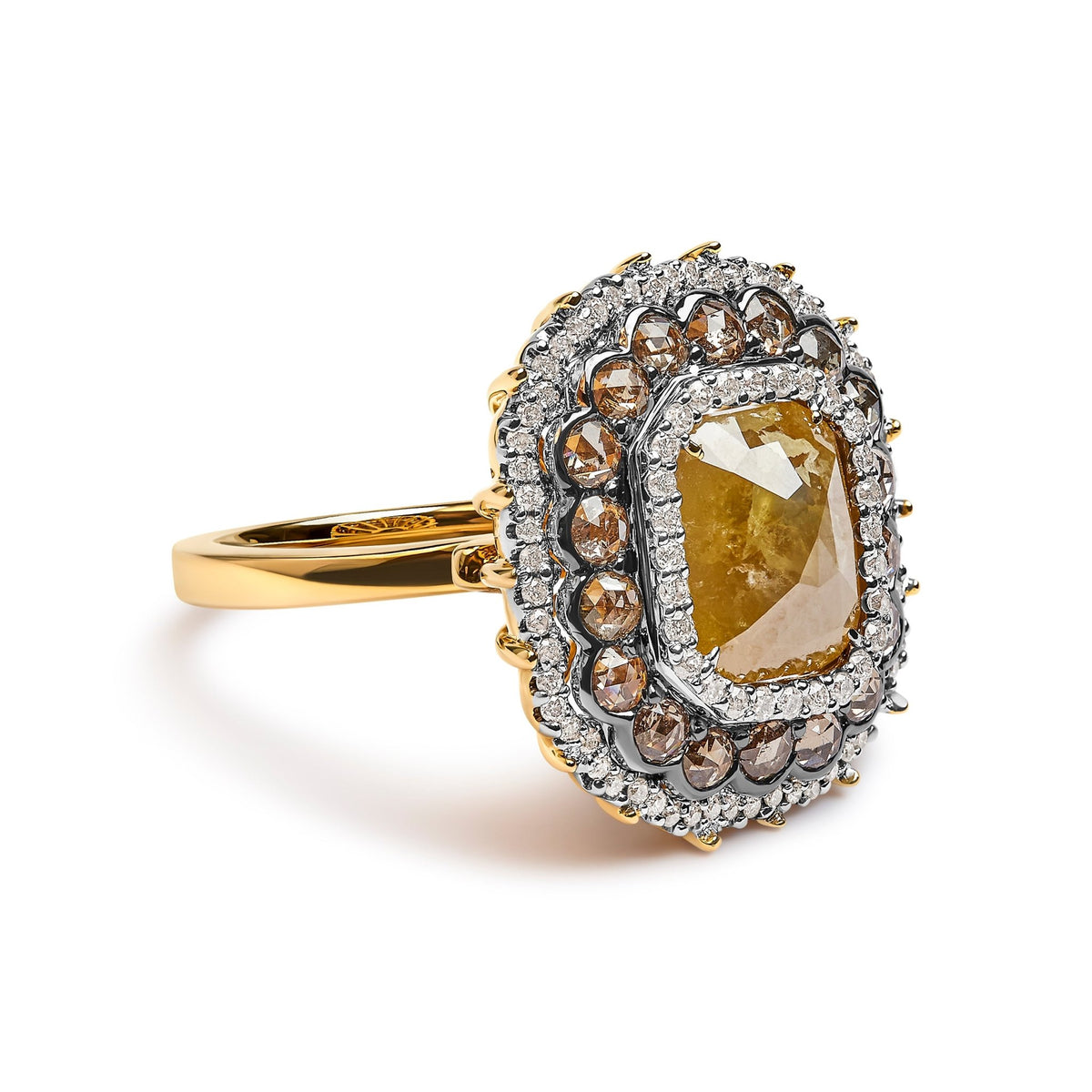 14K Yellow Gold 4 1/4 Cttw Rose Cut Emerald Diamond Triple Halo Cocktail Ring (Fancy Color, I1-I2 Clarity) - Size 7 - LinkagejewelrydesignLinkagejewelrydesign