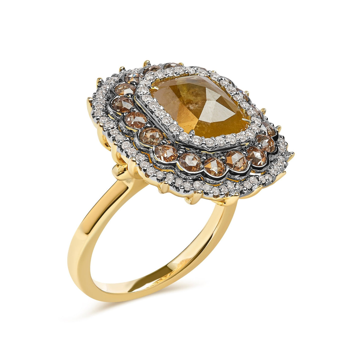 14K Yellow Gold 4 1/4 Cttw Rose Cut Emerald Diamond Triple Halo Cocktail Ring (Fancy Color, I1-I2 Clarity) - Size 7 - LinkagejewelrydesignLinkagejewelrydesign
