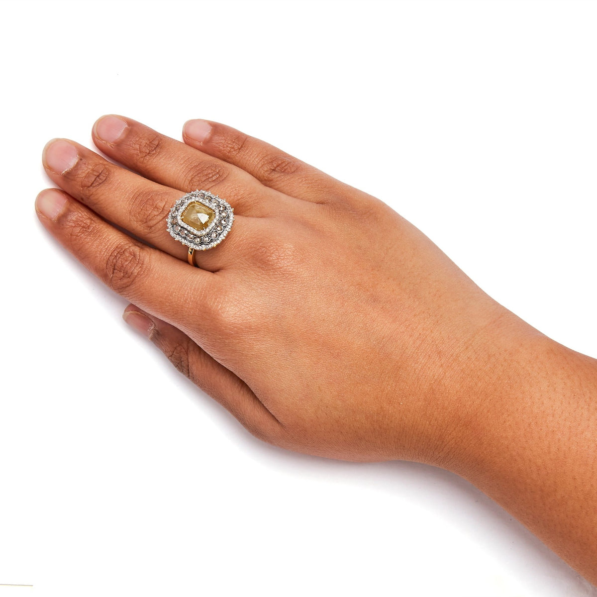 14K Yellow Gold 4 1/4 Cttw Rose Cut Emerald Diamond Triple Halo Cocktail Ring (Fancy Color, I1-I2 Clarity) - Size 7 - LinkagejewelrydesignLinkagejewelrydesign