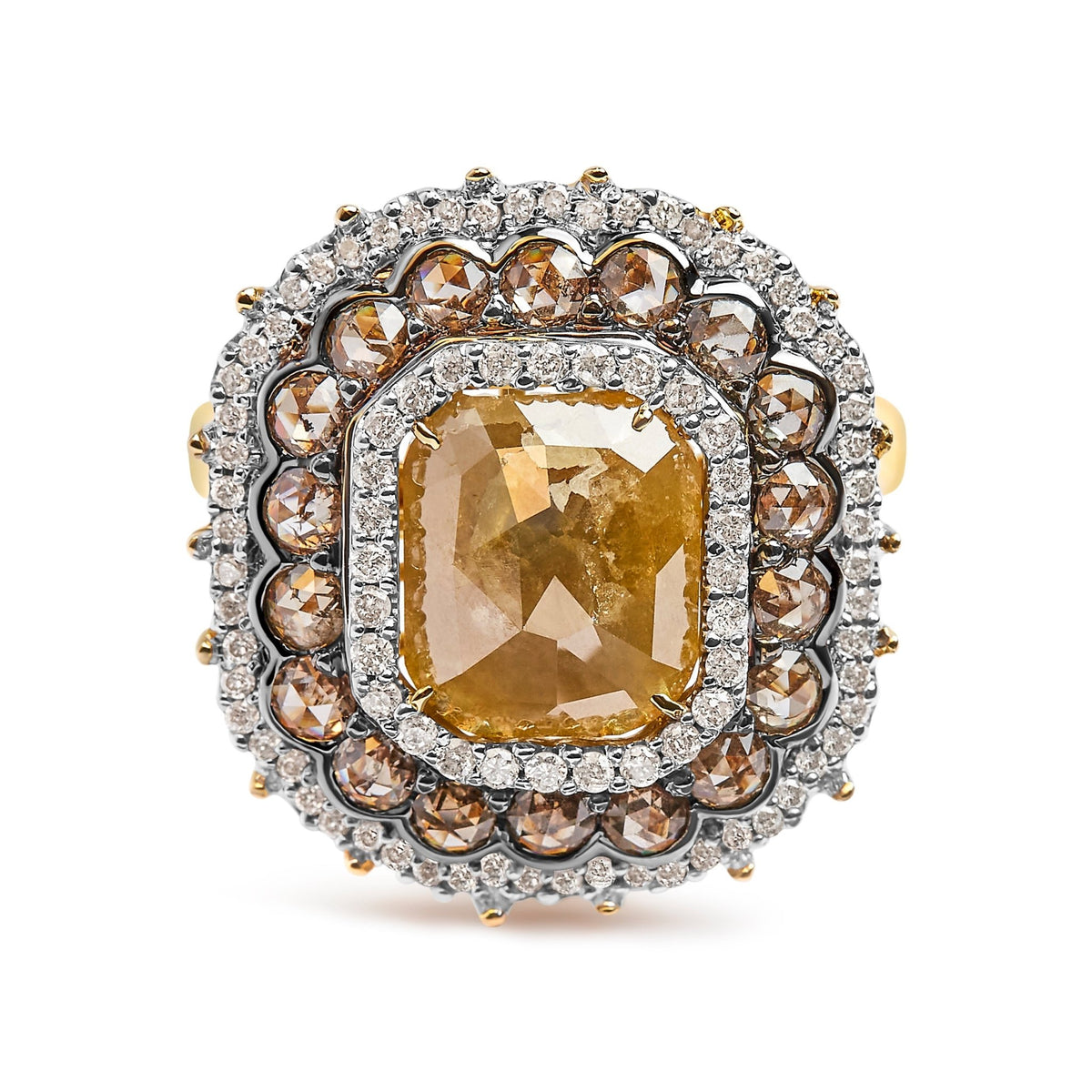 14K Yellow Gold 4 1/4 Cttw Rose Cut Emerald Diamond Triple Halo Cocktail Ring (Fancy Color, I1-I2 Clarity) - Size 7 - LinkagejewelrydesignLinkagejewelrydesign