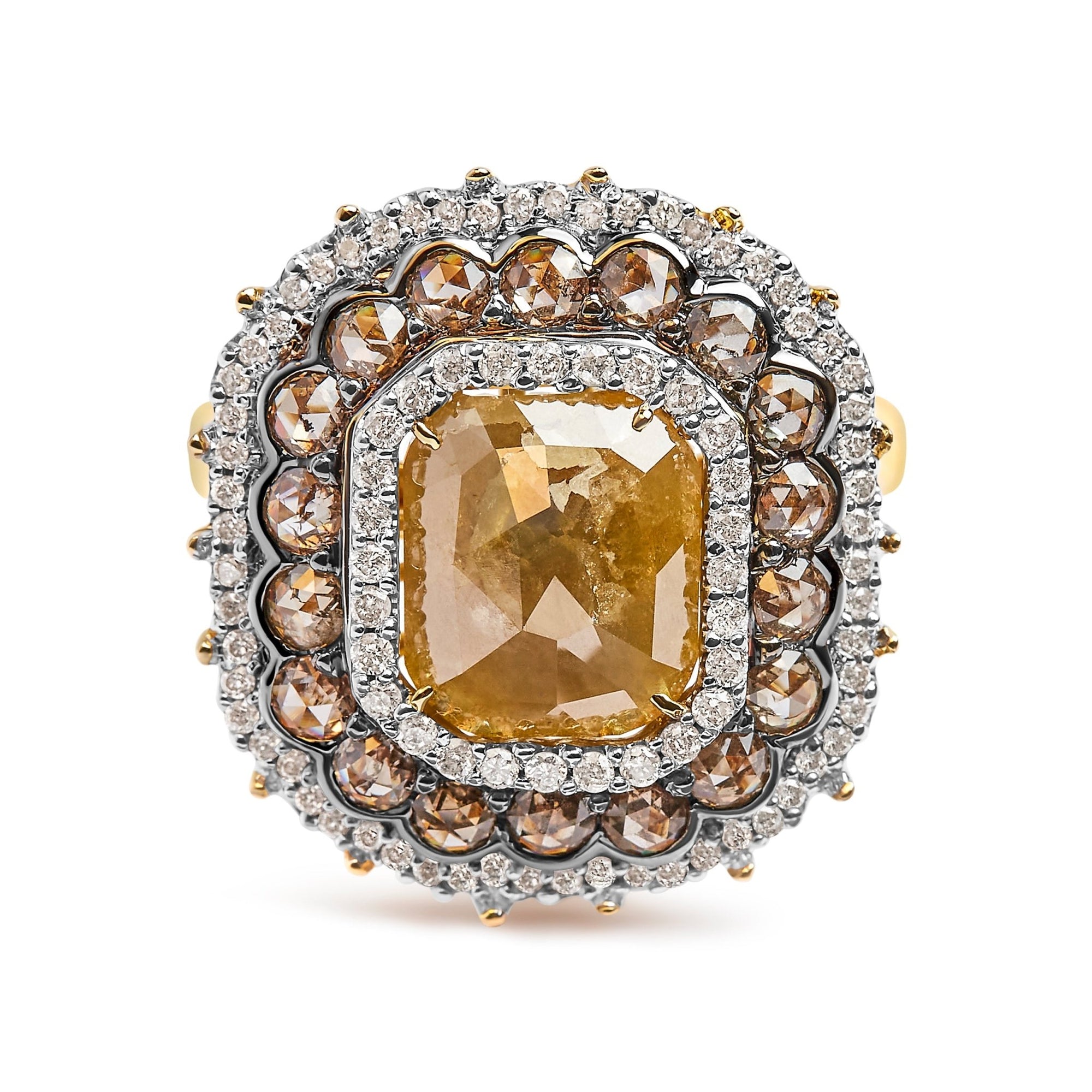 14K Yellow Gold 4 1/4 Cttw Rose Cut Emerald Diamond Triple Halo Cocktail Ring (Fancy Color, I1-I2 Clarity) - Size 7 - LinkagejewelrydesignLinkagejewelrydesign