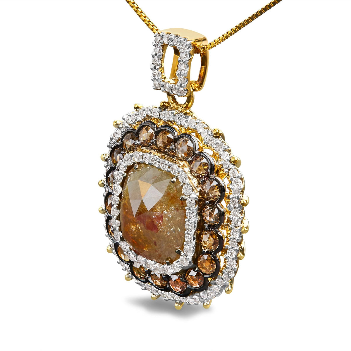 14K Yellow Gold 4 1/5 Cttw Fancy Color Rose Cut Diamond Cushion Shaped Triple Halo 18&quot; Inch Pendant Necklace (Fancy Color, I2-I3 Clarity) - LinkagejewelrydesignLinkagejewelrydesign