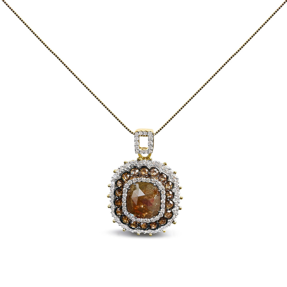 14K Yellow Gold 4 1/5 Cttw Fancy Color Rose Cut Diamond Cushion Shaped Triple Halo 18&quot; Inch Pendant Necklace (Fancy Color, I2-I3 Clarity) - LinkagejewelrydesignLinkagejewelrydesign
