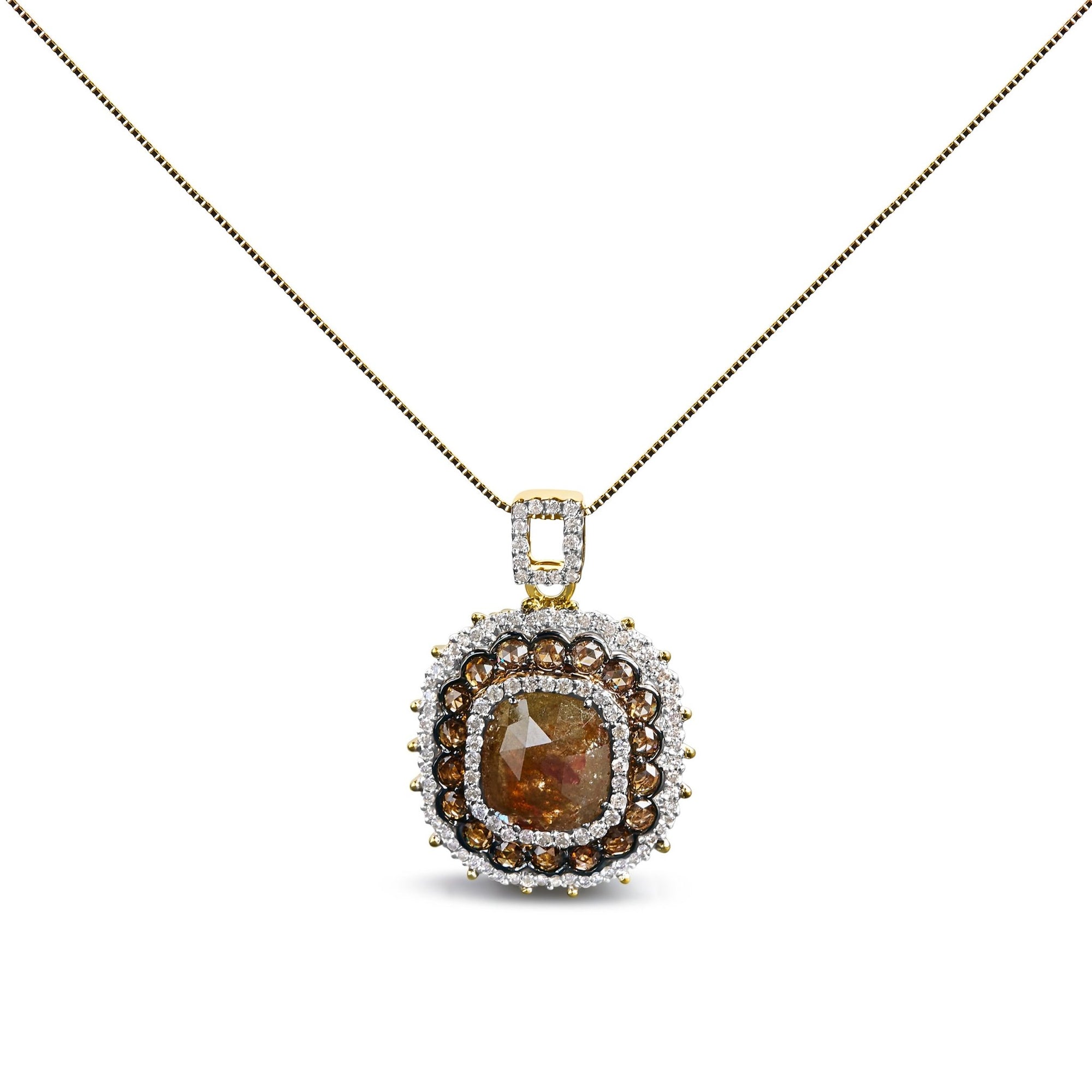 14K Yellow Gold 4 1/5 Cttw Fancy Color Rose Cut Diamond Cushion Shaped Triple Halo 18" Inch Pendant Necklace (Fancy Color, I2-I3 Clarity) - LinkagejewelrydesignLinkagejewelrydesign