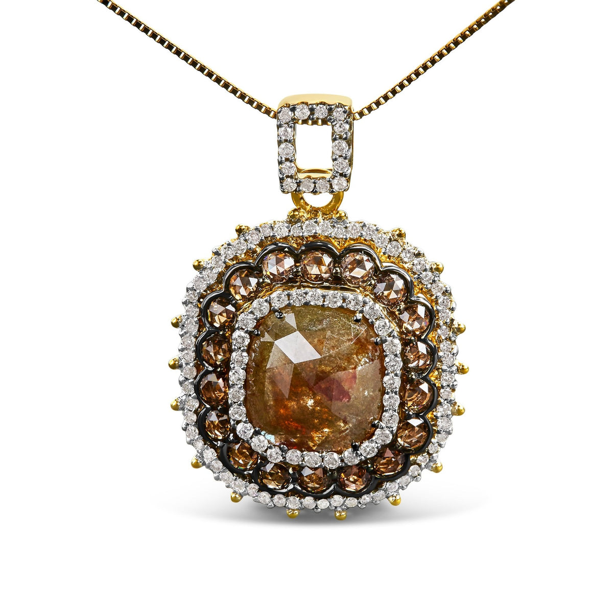 14K Yellow Gold 4 1/5 Cttw Fancy Color Rose Cut Diamond Cushion Shaped Triple Halo 18&quot; Inch Pendant Necklace (Fancy Color, I2-I3 Clarity) - LinkagejewelrydesignLinkagejewelrydesign