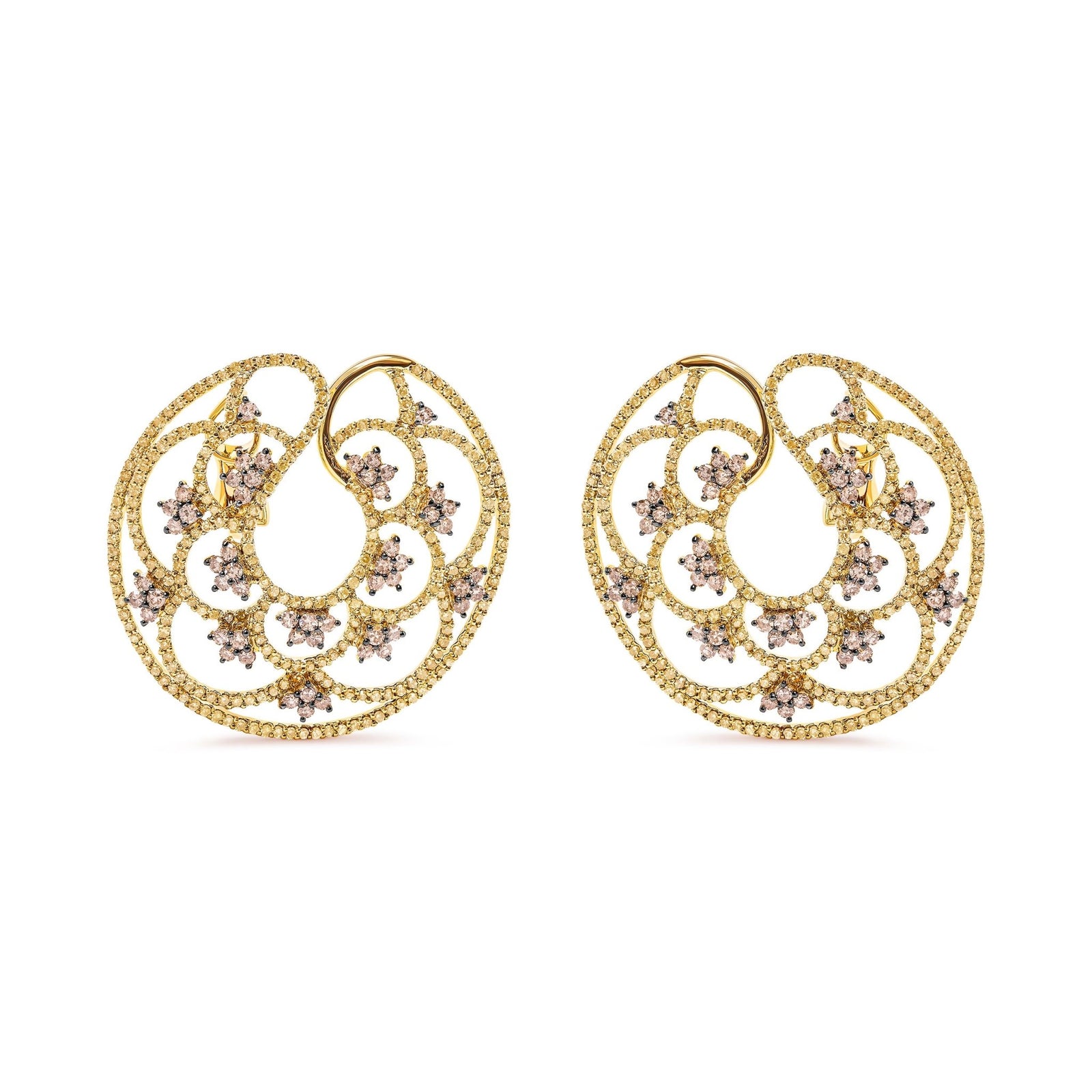 14K Yellow Gold 4 7/8 Cttw Fancy Colored Diamond Sun and Stars Open Hoop Earrings (Fancy Color, I1-I2 Clarity) - LinkagejewelrydesignLinkagejewelrydesign