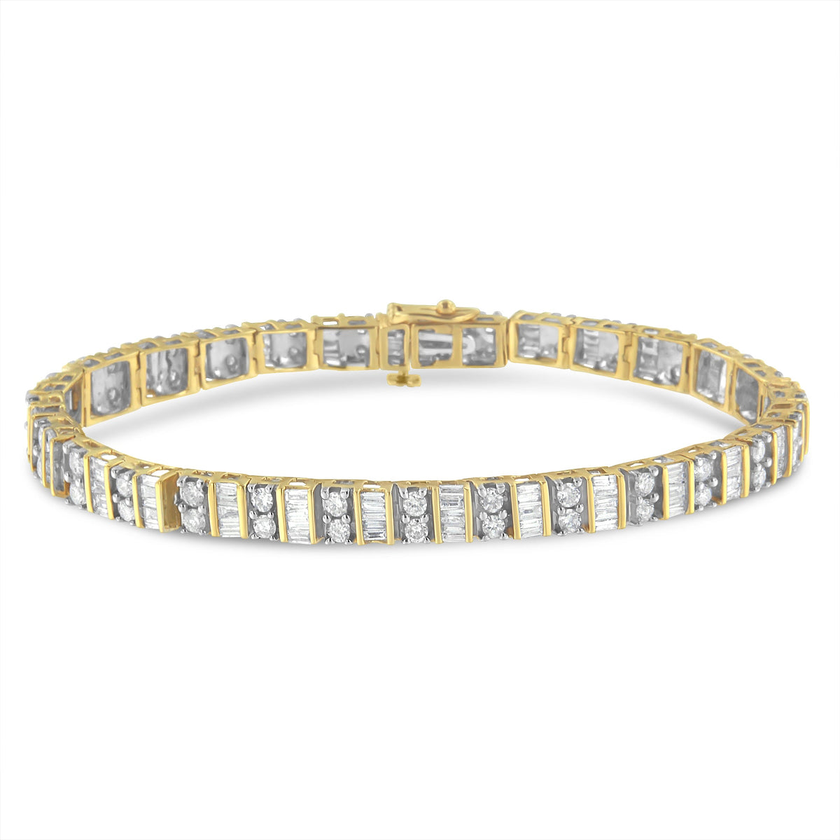 14K Yellow Gold 4.0 Cttw Alternating Baguette &amp; Round Cut Diamond Bezel- &amp; Prong-Set 7&quot; Tennis Bracelet (I-J, I1-I2) - LinkagejewelrydesignLinkagejewelrydesign