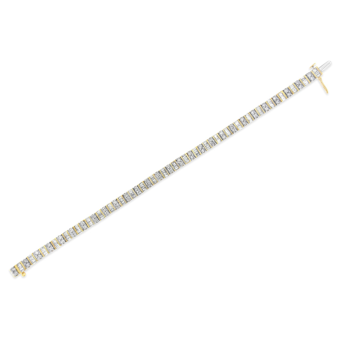 14K Yellow Gold 4.0 Cttw Alternating Baguette &amp; Round Cut Diamond Bezel- &amp; Prong-Set 7&quot; Tennis Bracelet (I-J, I1-I2) - LinkagejewelrydesignLinkagejewelrydesign