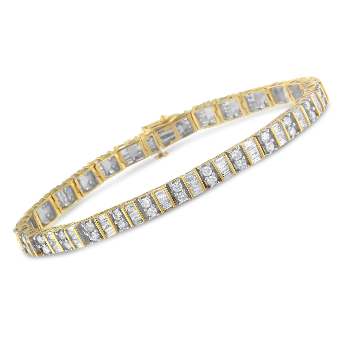 14K Yellow Gold 4.0 Cttw Alternating Baguette &amp; Round Cut Diamond Bezel- &amp; Prong-Set 7&quot; Tennis Bracelet (I-J, I1-I2) - LinkagejewelrydesignLinkagejewelrydesign