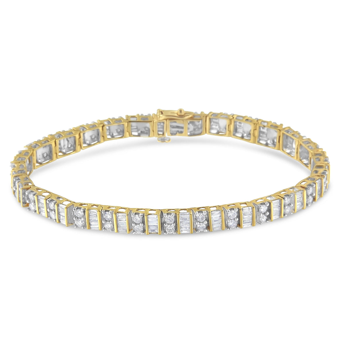 14K Yellow Gold 4.0 Cttw Alternating Baguette &amp; Round Cut Diamond Bezel- &amp; Prong-Set 7&quot; Tennis Bracelet (I-J, I1-I2) - LinkagejewelrydesignLinkagejewelrydesign