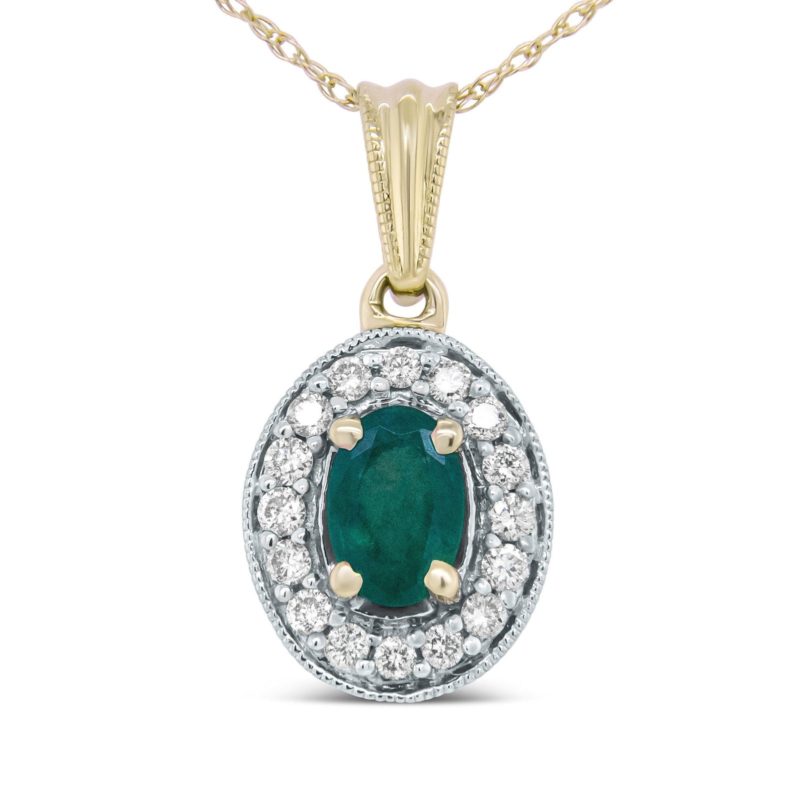 14K Yellow Gold 6x4mm Emerald and 1/5 Cttw Round Diamond Halo Pendant 18" Necklace - (H-I Color, SI1-SI2 Clarity) - LinkagejewelrydesignLinkagejewelrydesign
