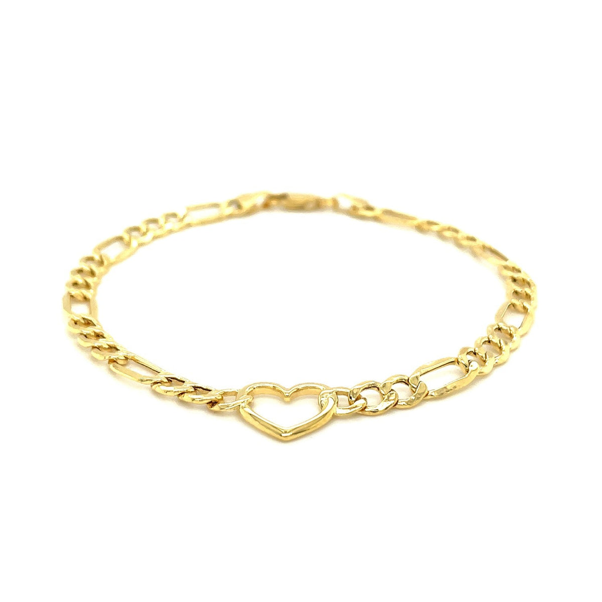 14k Yellow Gold 7 inch Figaro Chain Bracelet with Heart - LinkagejewelrydesignLinkagejewelrydesign