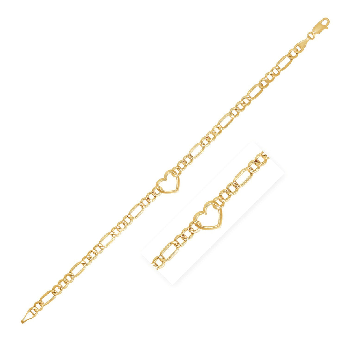 14k Yellow Gold 7 inch Figaro Chain Bracelet with Heart - LinkagejewelrydesignLinkagejewelrydesign