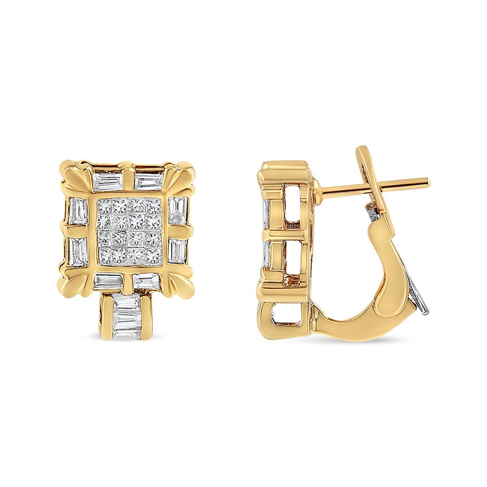 14K Yellow Gold 7/8 Cttw Princess and Baguette-Cut Diamond Square Framed Huggie Hoop Omega Earrings (H-I Color, SI1-SI2 Clarity) - LinkagejewelrydesignLinkagejewelrydesign