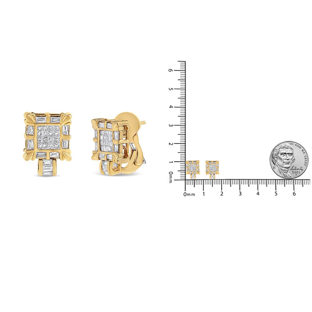 14K Yellow Gold 7/8 Cttw Princess and Baguette-Cut Diamond Square Framed Huggie Hoop Omega Earrings (H-I Color, SI1-SI2 Clarity) - LinkagejewelrydesignLinkagejewelrydesign