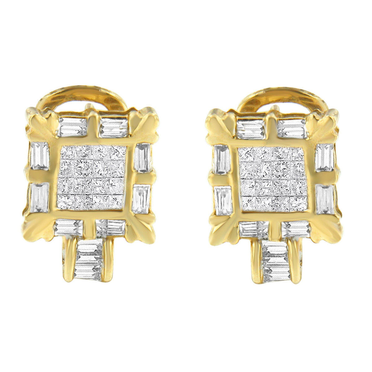 14K Yellow Gold 7/8 Cttw Princess and Baguette-Cut Diamond Square Framed Huggie Hoop Omega Earrings (H-I Color, SI1-SI2 Clarity) - LinkagejewelrydesignLinkagejewelrydesign