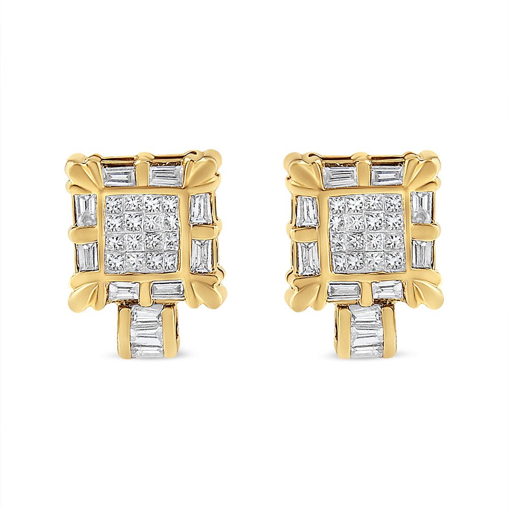 14K Yellow Gold 7/8 Cttw Princess and Baguette-Cut Diamond Square Framed Huggie Hoop Omega Earrings (H-I Color, SI1-SI2 Clarity) - LinkagejewelrydesignLinkagejewelrydesign