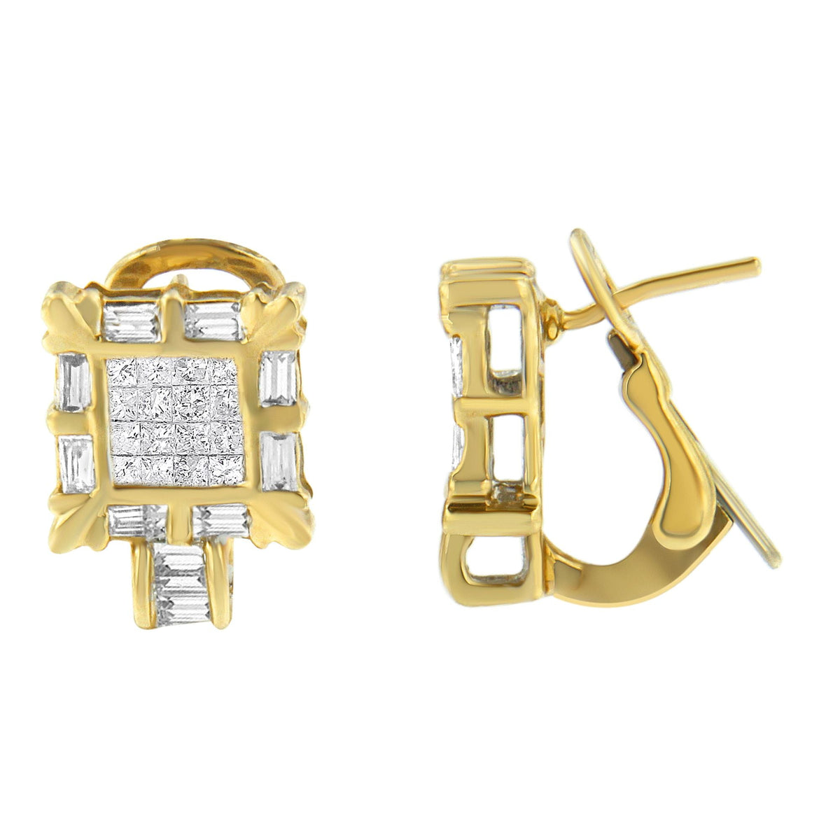 14K Yellow Gold 7/8 Cttw Princess and Baguette-Cut Diamond Square Framed Huggie Hoop Omega Earrings (H-I Color, SI1-SI2 Clarity) - LinkagejewelrydesignLinkagejewelrydesign