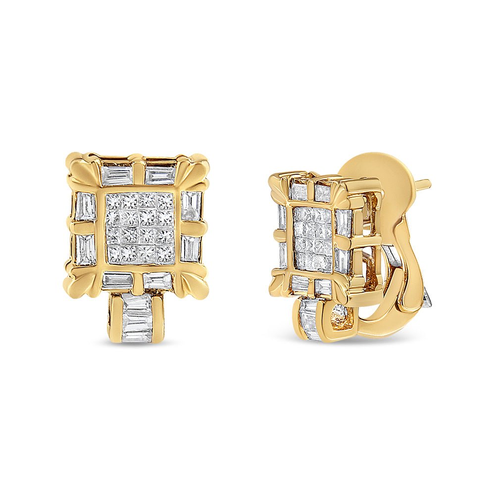 14K Yellow Gold 7/8 Cttw Princess and Baguette-Cut Diamond Square Framed Huggie Hoop Omega Earrings (H-I Color, SI1-SI2 Clarity) - LinkagejewelrydesignLinkagejewelrydesign