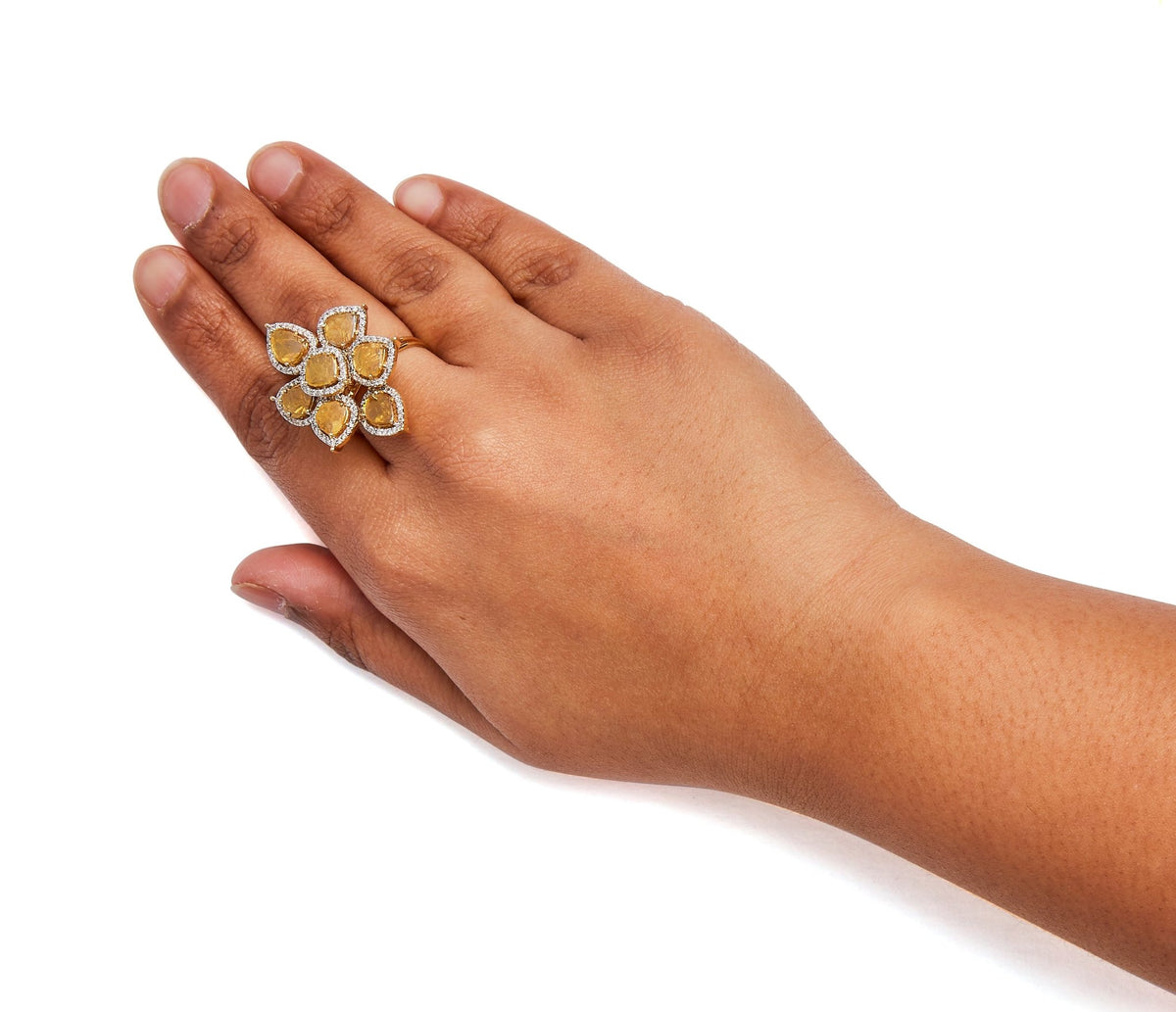 14K Yellow Gold 8 1/10 Cttw Yellow Rose Cut Diamond Floral Petal Cocktail Ring (Yellow/I-J Color, I1-I2 Clarity) - Size 7 - LinkagejewelrydesignLinkagejewelrydesign