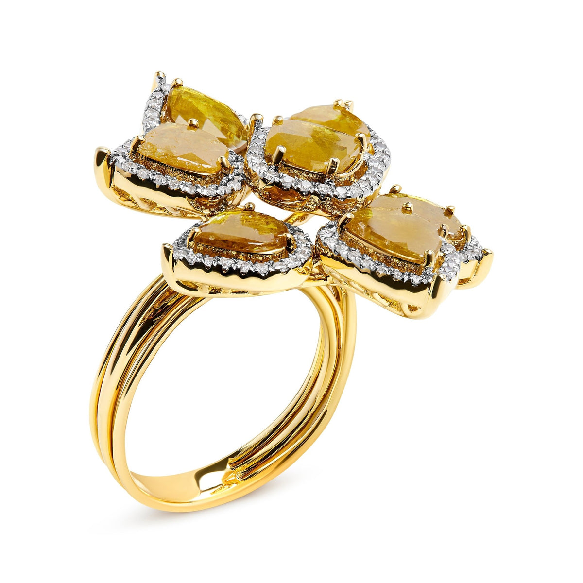 14K Yellow Gold 8 1/10 Cttw Yellow Rose Cut Diamond Floral Petal Cocktail Ring (Yellow/I-J Color, I1-I2 Clarity) - Size 7 - LinkagejewelrydesignLinkagejewelrydesign