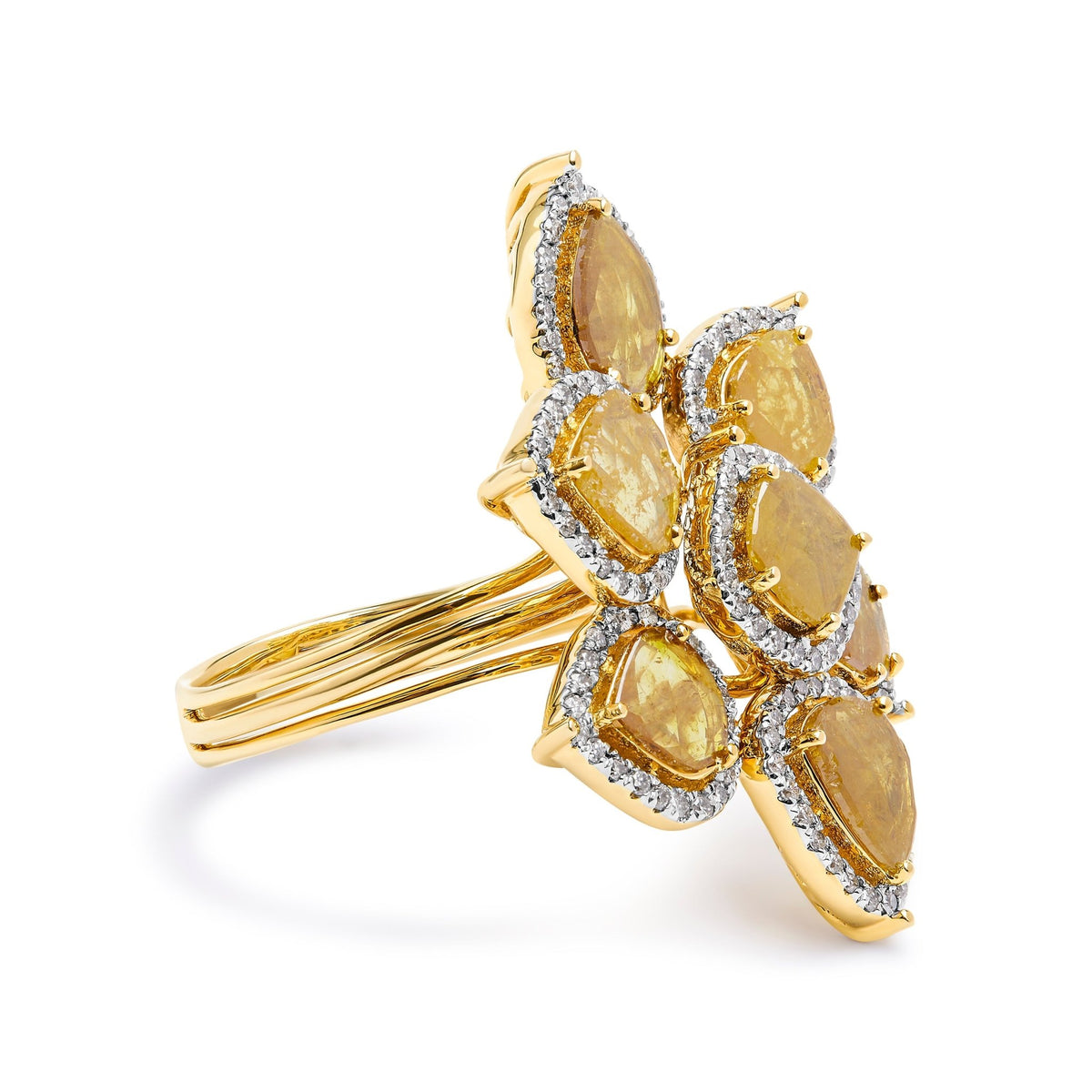 14K Yellow Gold 8 1/10 Cttw Yellow Rose Cut Diamond Floral Petal Cocktail Ring (Yellow/I-J Color, I1-I2 Clarity) - Size 7 - LinkagejewelrydesignLinkagejewelrydesign