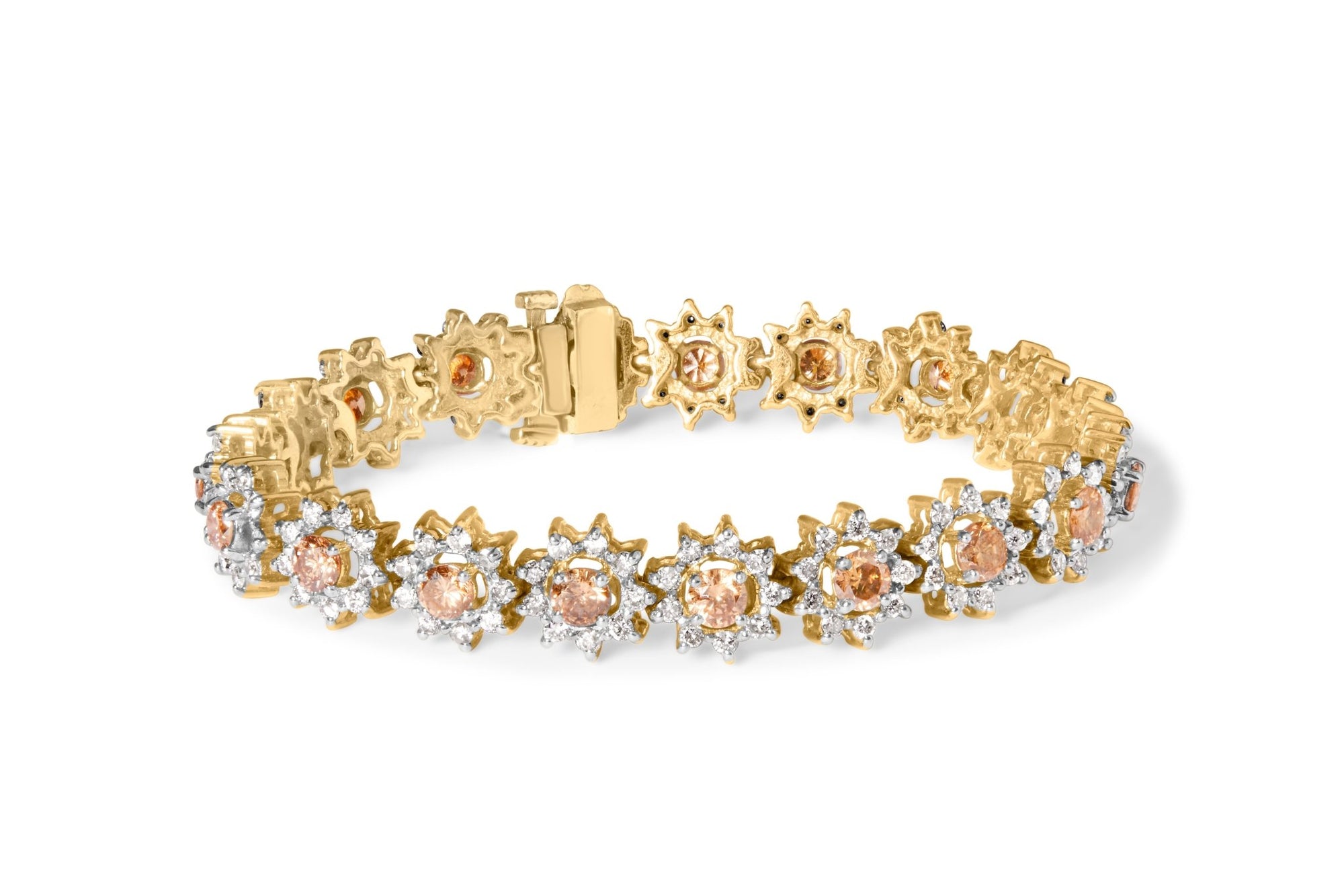 14K Yellow Gold 8.00 Cttw Champagne Diamond Floral Cluster Halo Link Bracelet (H-I Color, I1-I2 Clarity) - LinkagejewelrydesignLinkagejewelrydesign