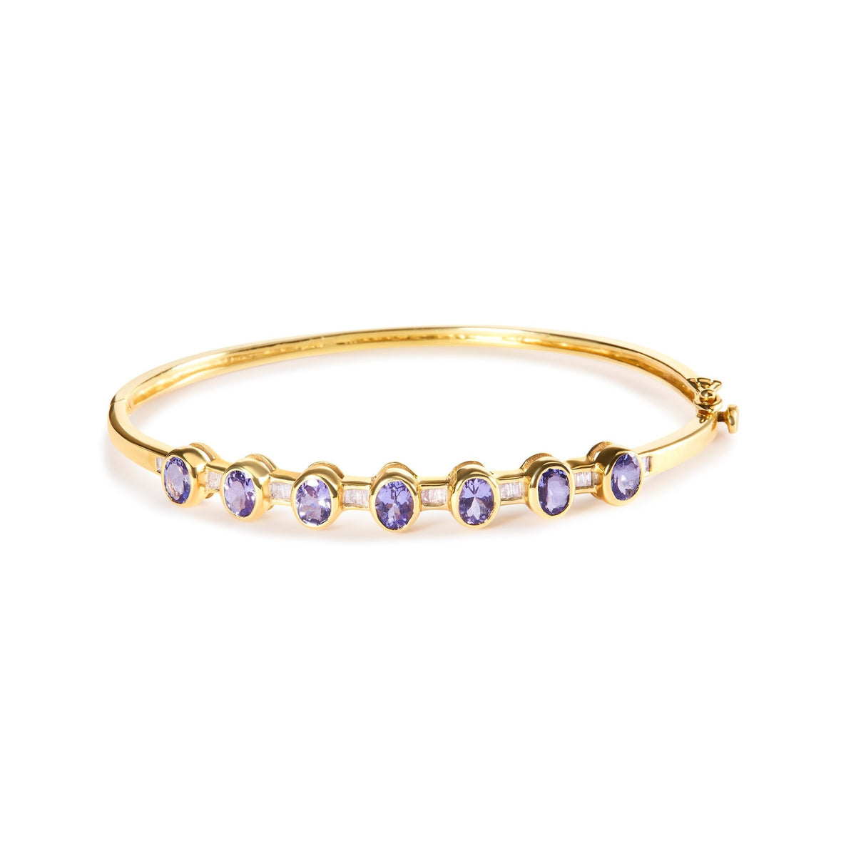 14K Yellow Gold Alternating Bezel Set 5MM Oval Shaped Tanzanite and 1/5 Cttw Diamond Bangle Bracelet (H-I Color, VS2-SI1 Clarity) - Fit&#39;s wrists up to 7.25&quot; Inches - LinkagejewelrydesignLinkagejewelrydesign
