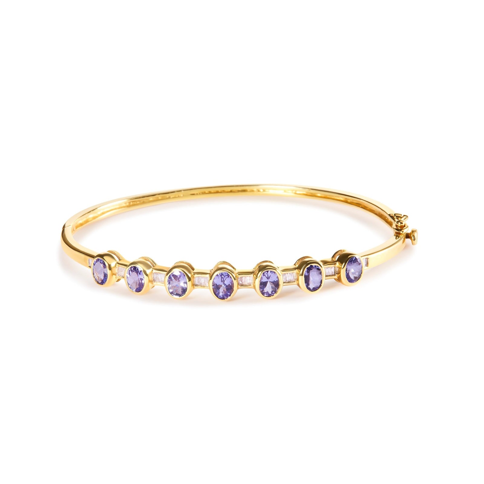 14K Yellow Gold Alternating Bezel Set 5MM Oval Shaped Tanzanite and 1/5 Cttw Diamond Bangle Bracelet (H-I Color, VS2-SI1 Clarity) - Fit's wrists up to 7.25" Inches - LinkagejewelrydesignLinkagejewelrydesign