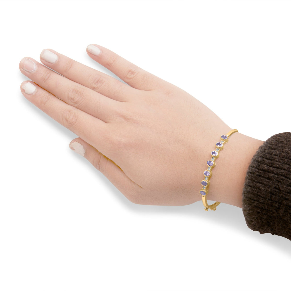 14K Yellow Gold Alternating Bezel Set 5MM Oval Shaped Tanzanite and 1/5 Cttw Diamond Bangle Bracelet (H-I Color, VS2-SI1 Clarity) - Fit&#39;s wrists up to 7.25&quot; Inches - LinkagejewelrydesignLinkagejewelrydesign