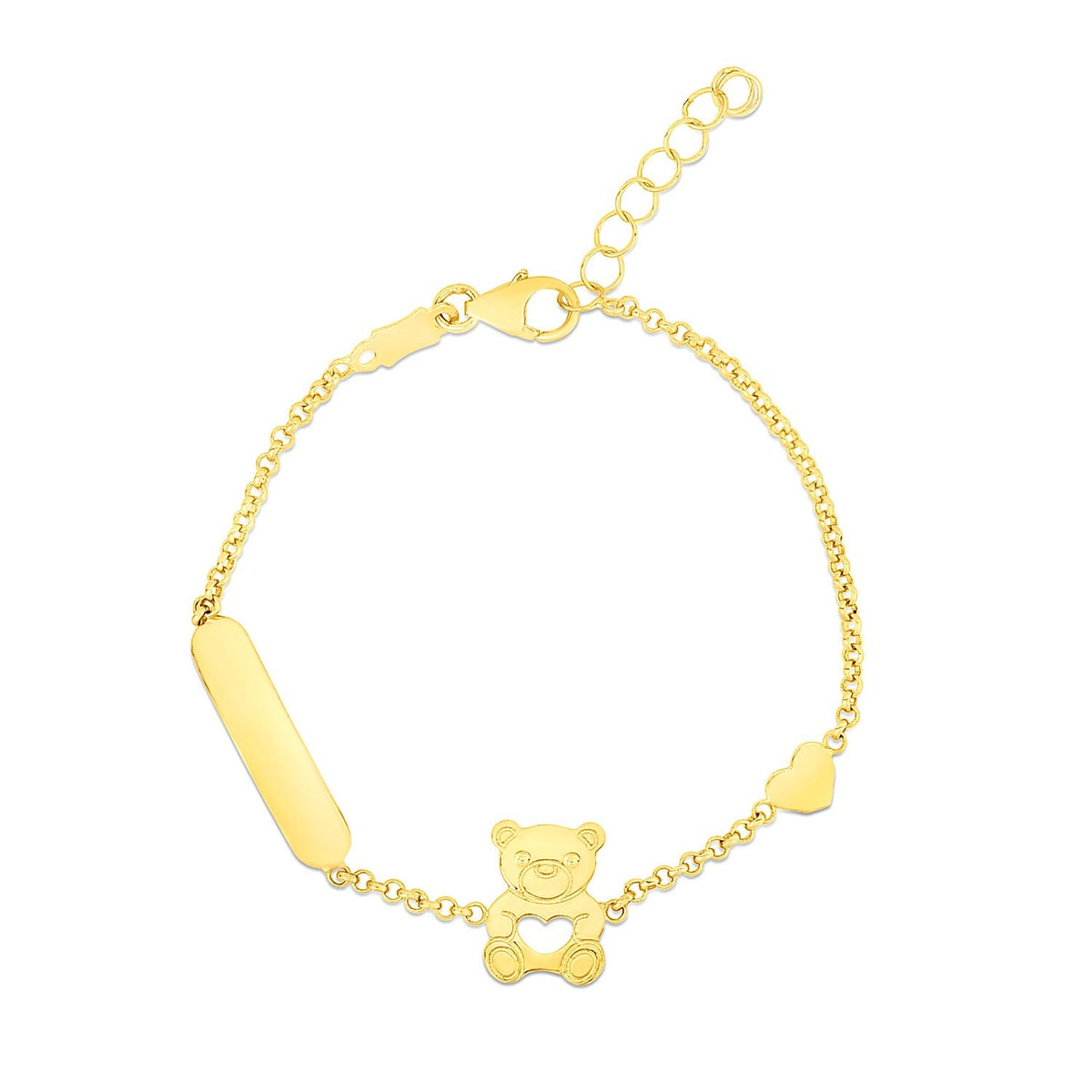 14k Yellow Gold Childrens Bracelet with Teddy Bear Heart and Bar - LinkagejewelrydesignLinkagejewelrydesign