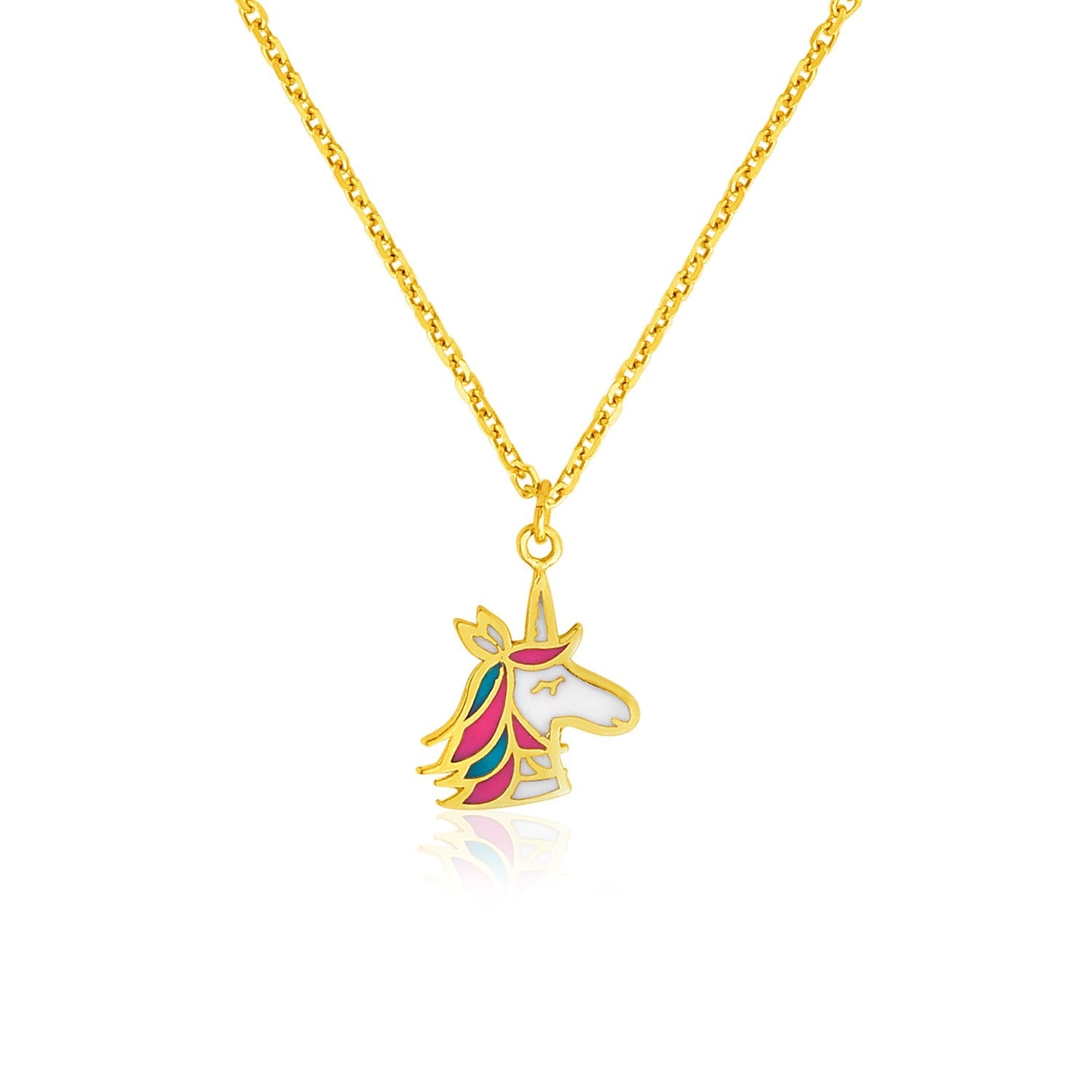 14k Yellow Gold Childrens Necklace with Enameled Unicorn Pendant - LinkagejewelrydesignLinkagejewelrydesign