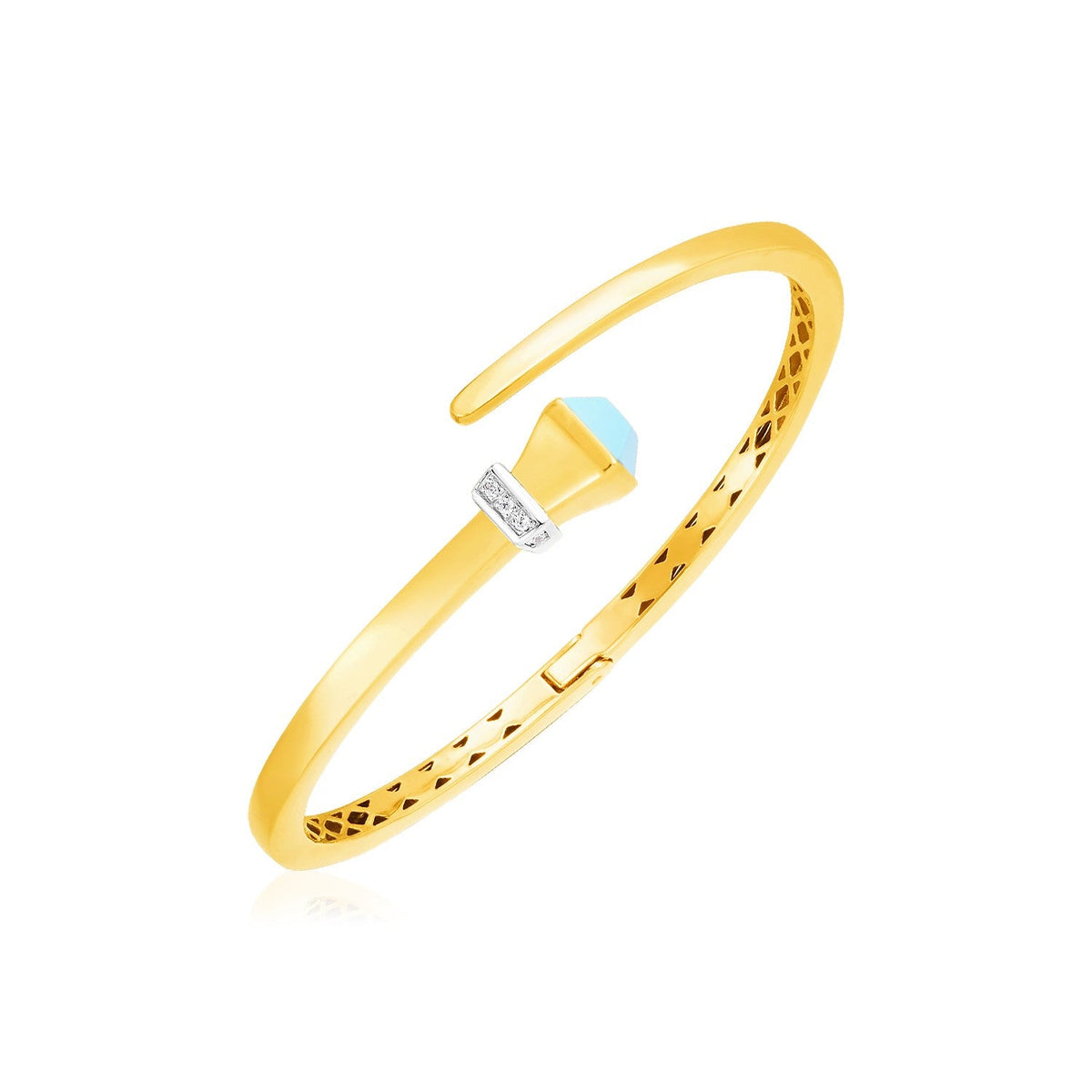 14k Yellow Gold Crossover Style Hinged Bangle Bracelet with Turquoise and Diamonds - LinkagejewelrydesignLinkagejewelrydesign