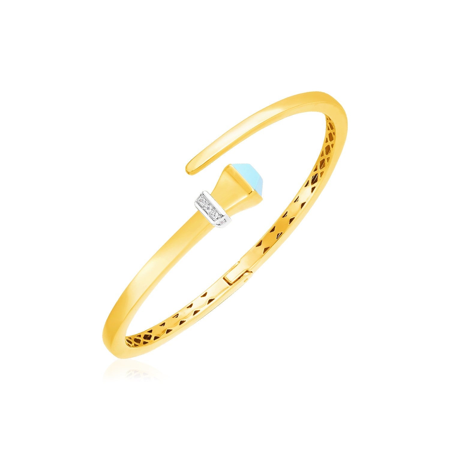 14k Yellow Gold Crossover Style Hinged Bangle Bracelet with Turquoise and Diamonds - LinkagejewelrydesignLinkagejewelrydesign