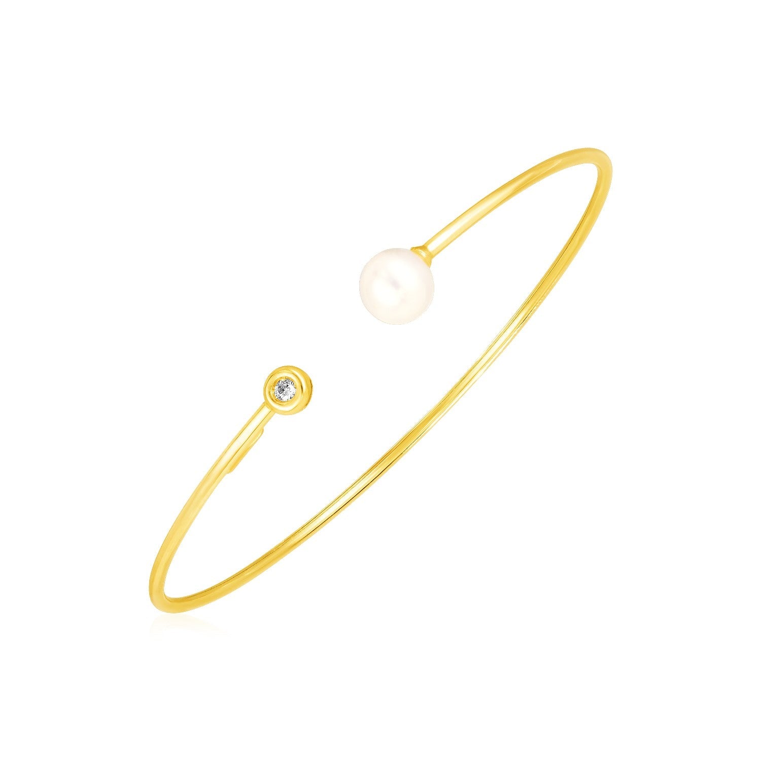 14k Yellow Gold Cuff Bangle with Pearl and Diamond - LinkagejewelrydesignLinkagejewelrydesign