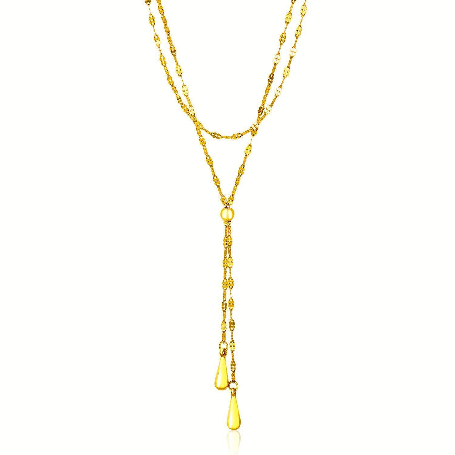 14k Yellow Gold Double Strand Chain with Puffed Heart Lariat Necklace - LinkagejewelrydesignLinkagejewelrydesign