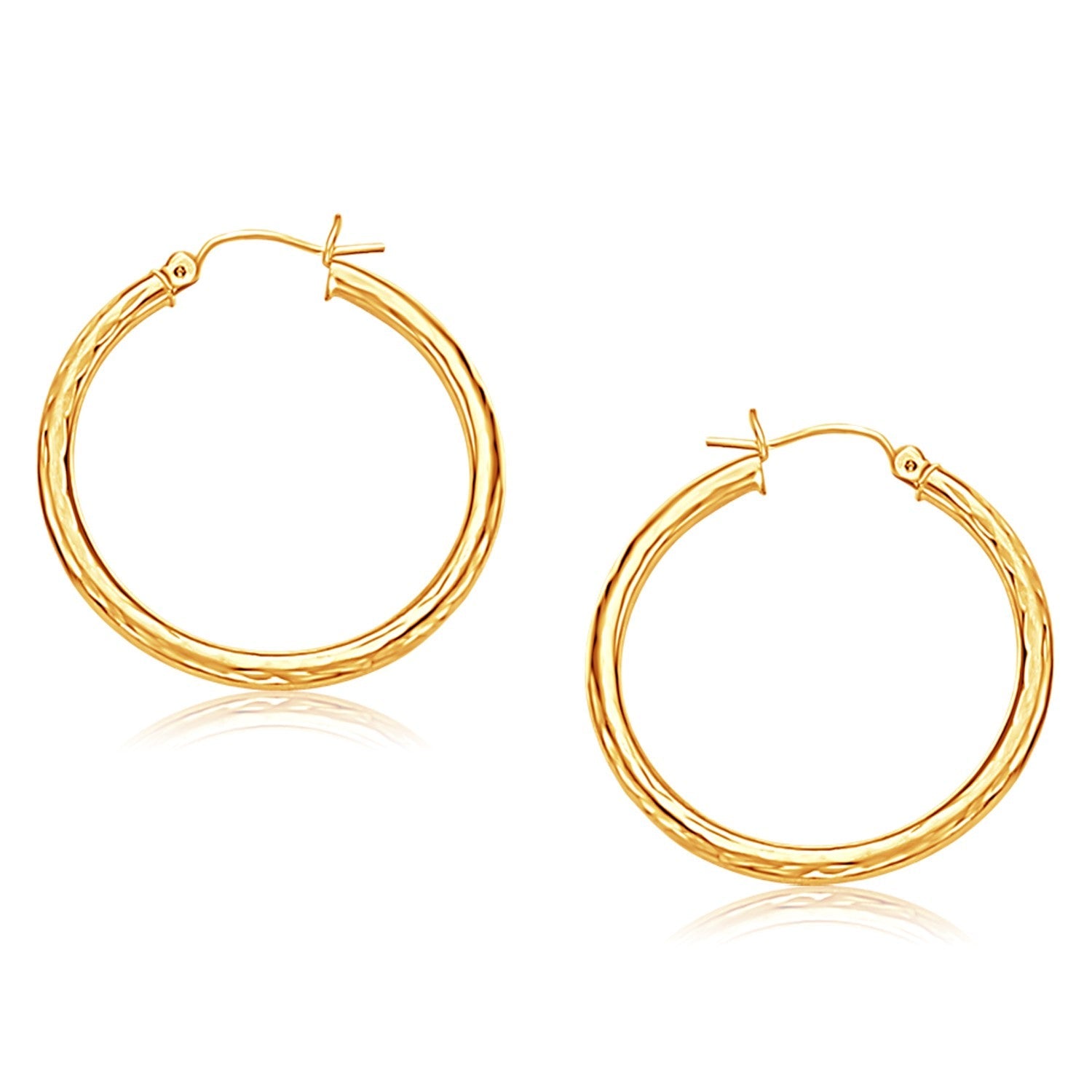 14k Yellow Gold Hoop Earring with Diamond - Cut Finish (30 mm Diameter) - LinkagejewelrydesignLinkagejewelrydesign