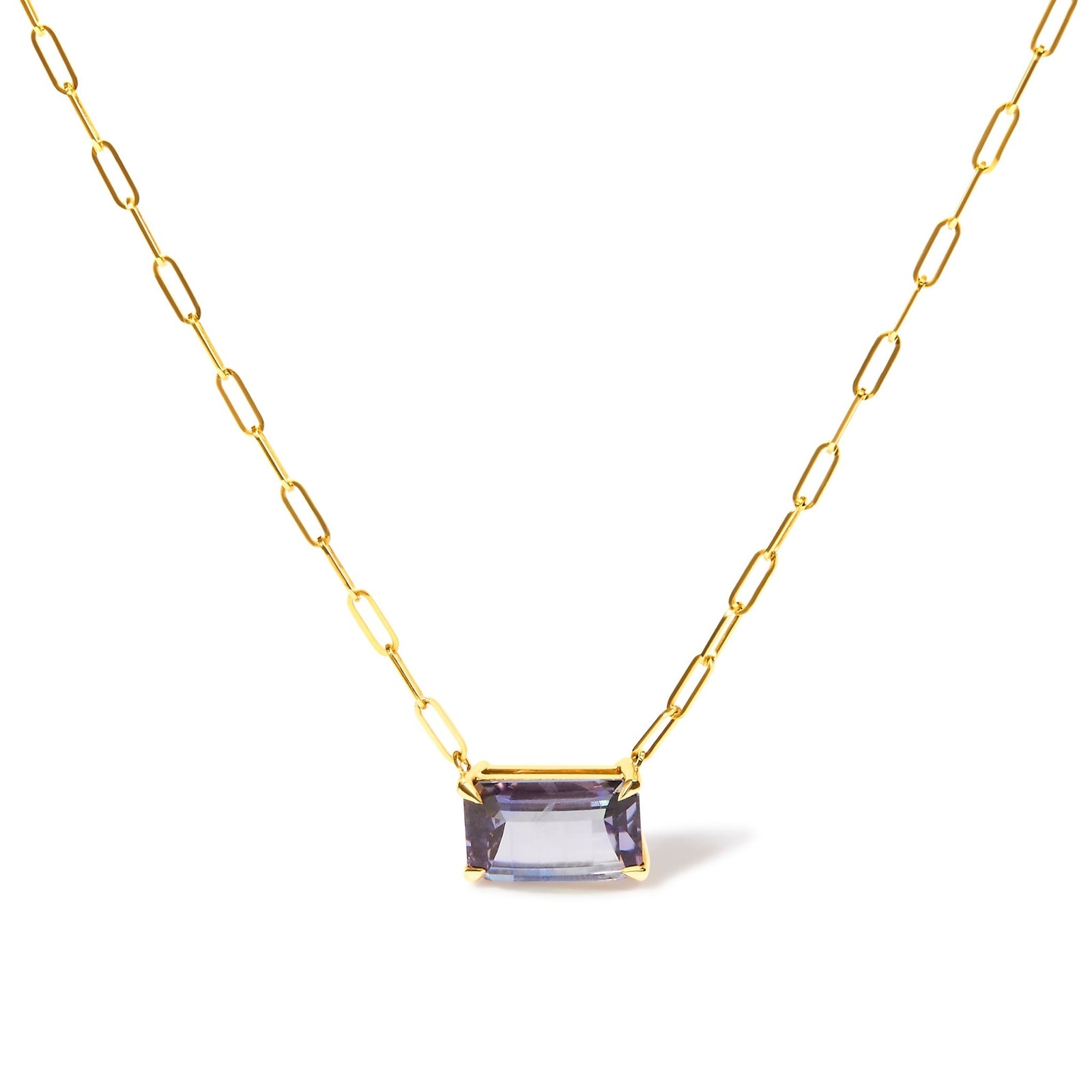 14K Yellow Gold Natural 2 7/8 Cttw Pixel Cut Emerald Bicolor Tanzanite Pendant Necklace with Paperclip Chain - 18 Inches - LinkagejewelrydesignLinkagejewelrydesign