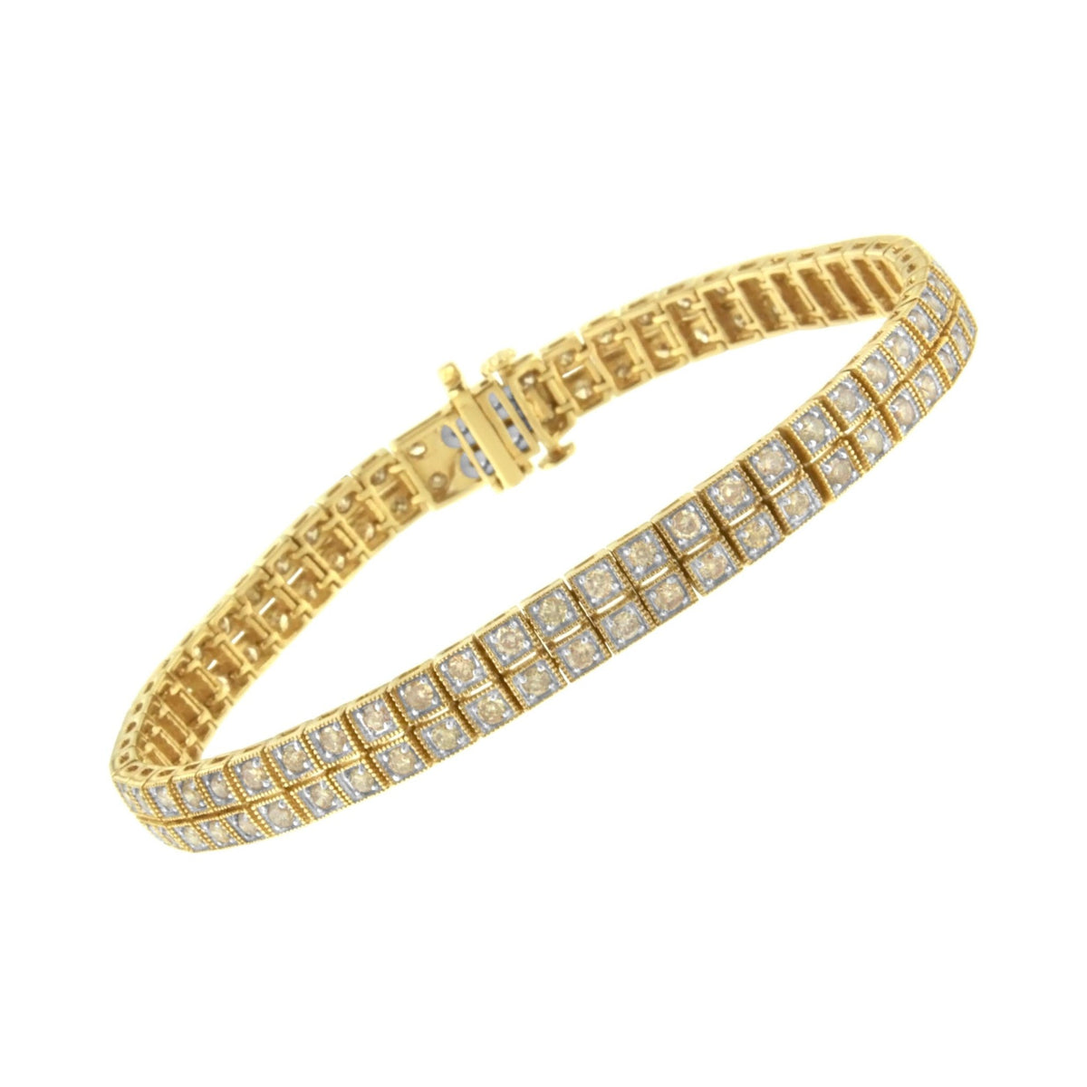 14K Yellow Gold over .925 Sterling Silver 3.0 Cttw Diamond Double Row Square Milgrain Link 7” Tennis Bracelet (K-L Color, I1-I2 Clarity) - LinkagejewelrydesignLinkagejewelrydesign
