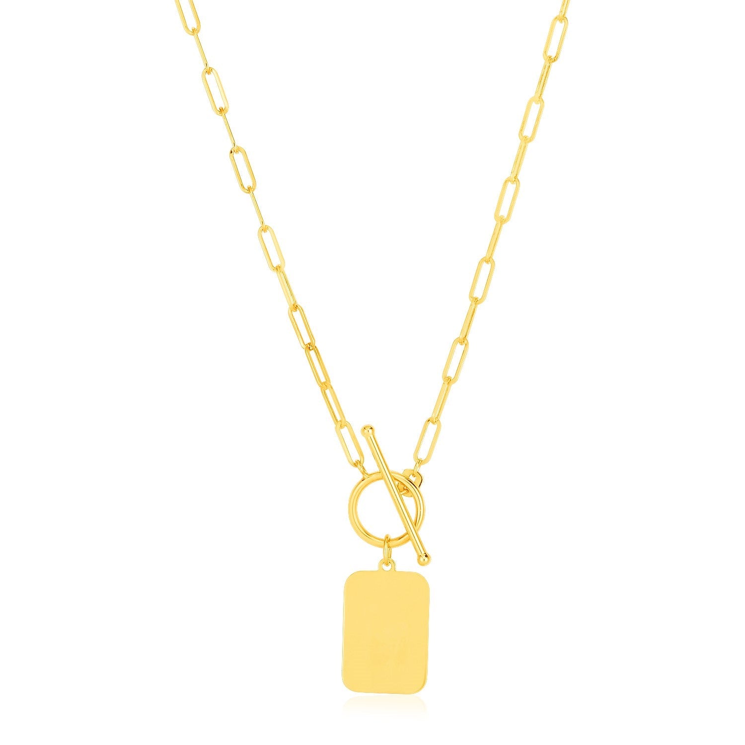 14k Yellow Gold Paperclip Chain Necklace with Rounded Rectangle Pendant - LinkagejewelrydesignLinkagejewelrydesign