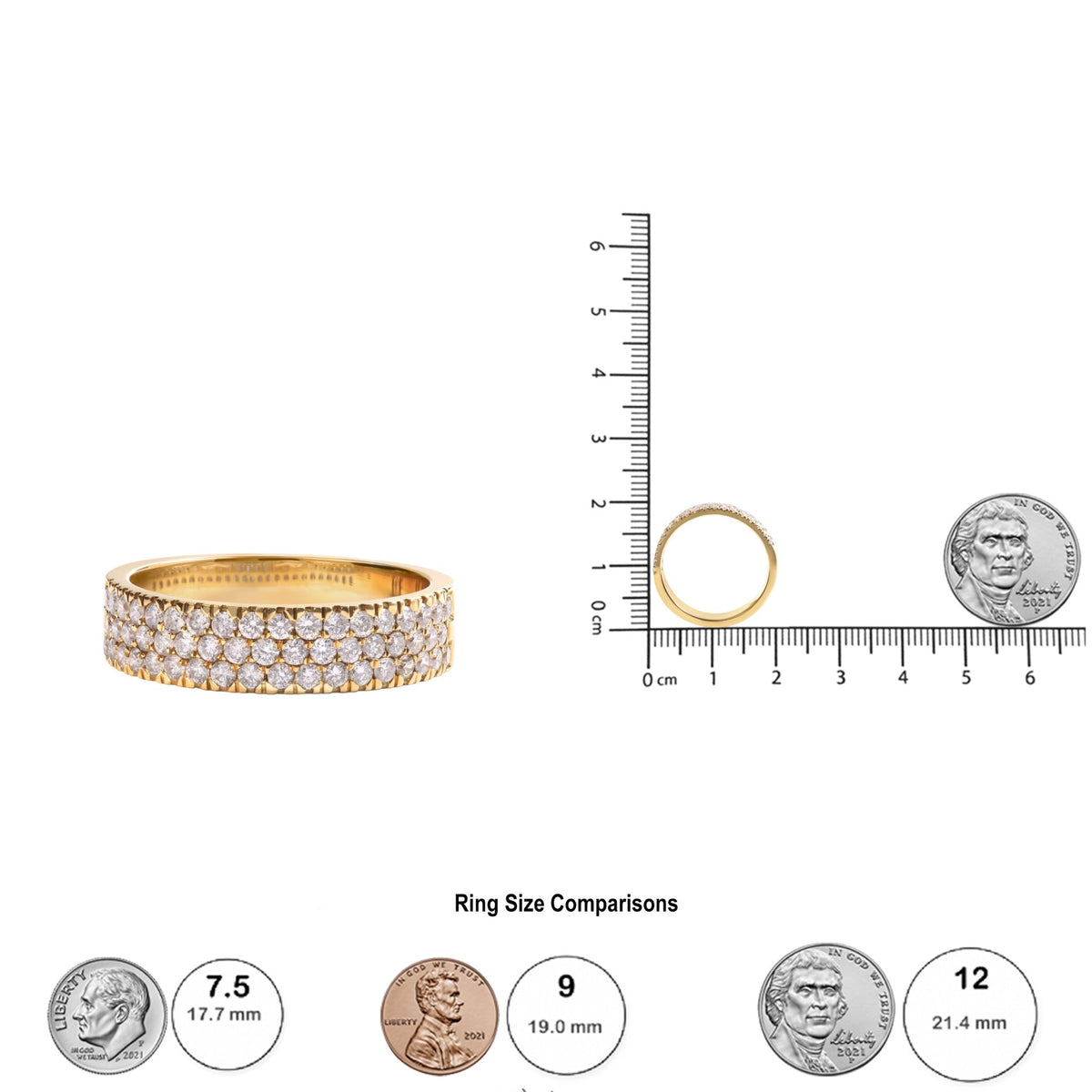 14K Yellow Gold Pave Set 3/4 cttw Multi Row Diamond Band Ring (H-I Color, SI2-I1 Clarity) - Size 7 - LinkagejewelrydesignLinkagejewelrydesign
