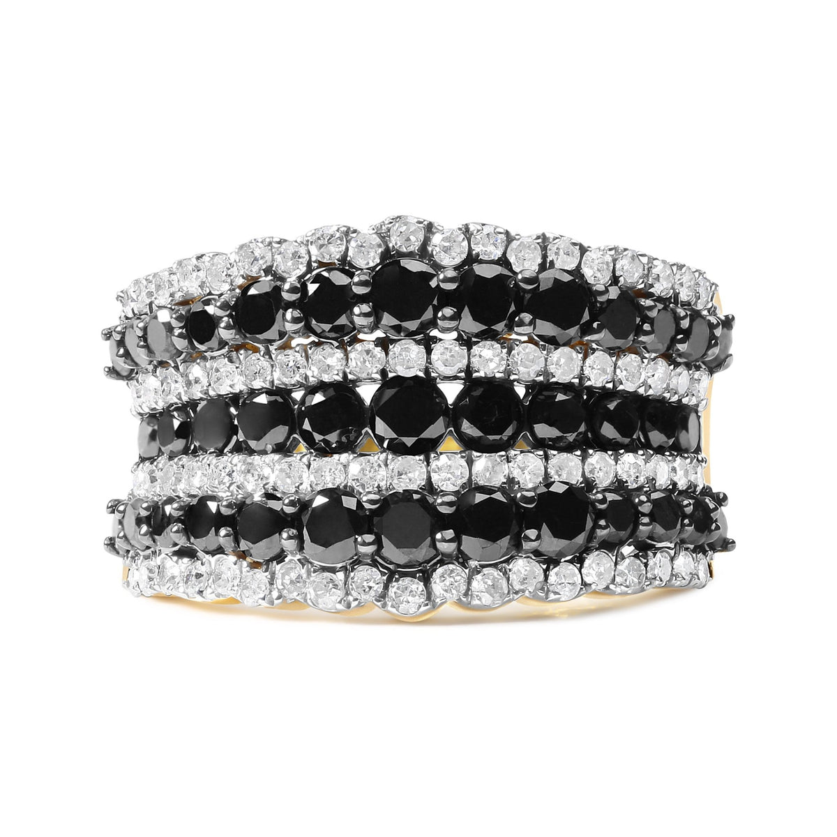 14K Yellow Gold Plated .925 Sterling Silver 1 3/4 Cttw Treated Black and White Alternating Diamond Multi Row Band Ring (Black / I-J Color, I2-I3 Clarity) - Size 7 - LinkagejewelrydesignLinkagejewelrydesign