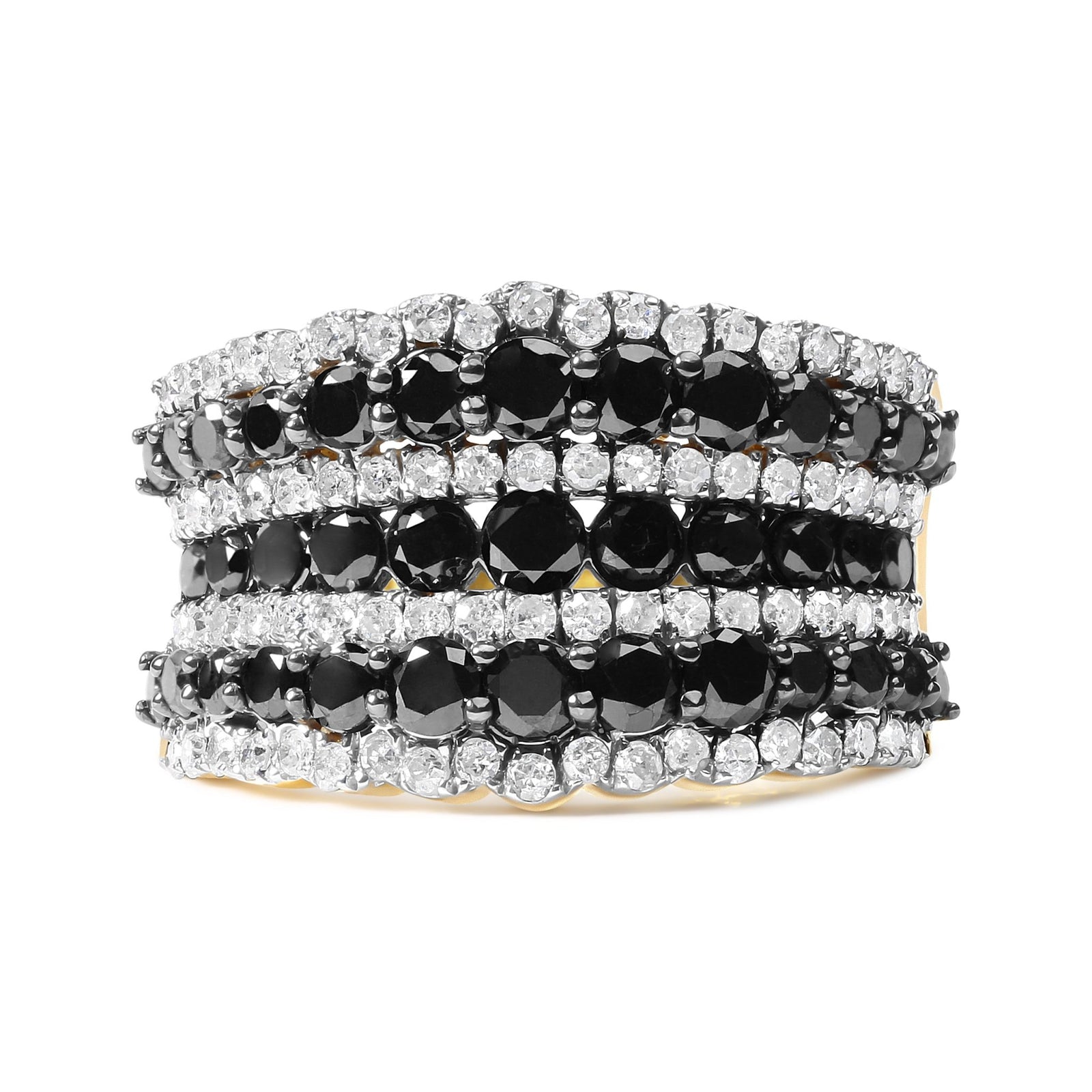 14K Yellow Gold Plated .925 Sterling Silver 1 3/4 Cttw Treated Black and White Alternating Diamond Multi Row Band Ring (Black / I-J Color, I2-I3 Clarity) - Size 7 - LinkagejewelrydesignLinkagejewelrydesign