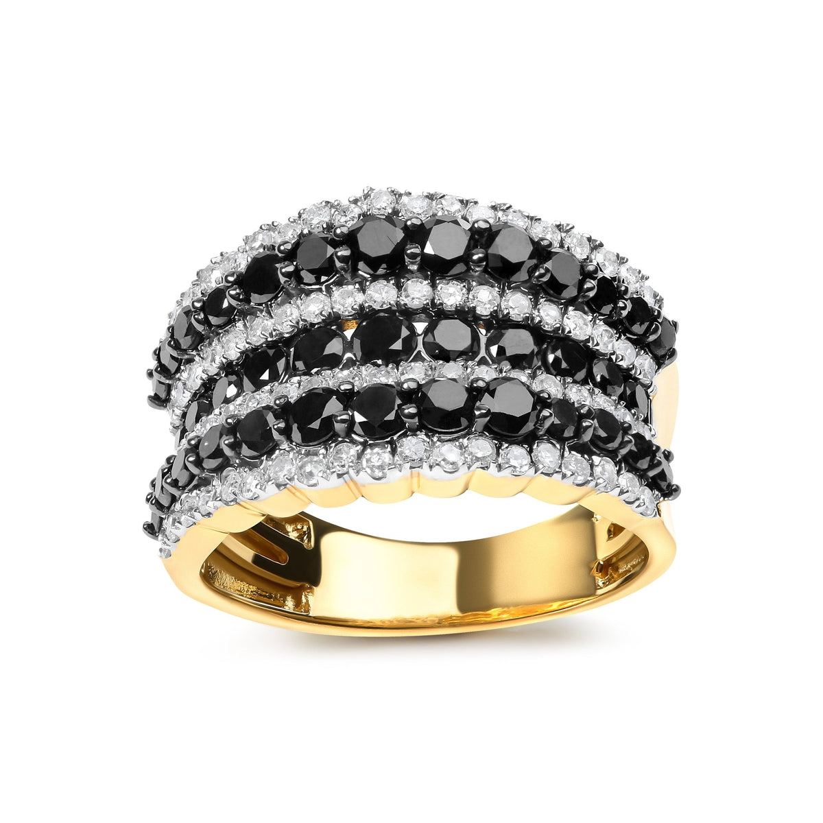 14K Yellow Gold Plated .925 Sterling Silver 1 3/4 Cttw Treated Black and White Alternating Diamond Multi Row Band Ring (Black / I-J Color, I2-I3 Clarity) - Size 7 - LinkagejewelrydesignLinkagejewelrydesign