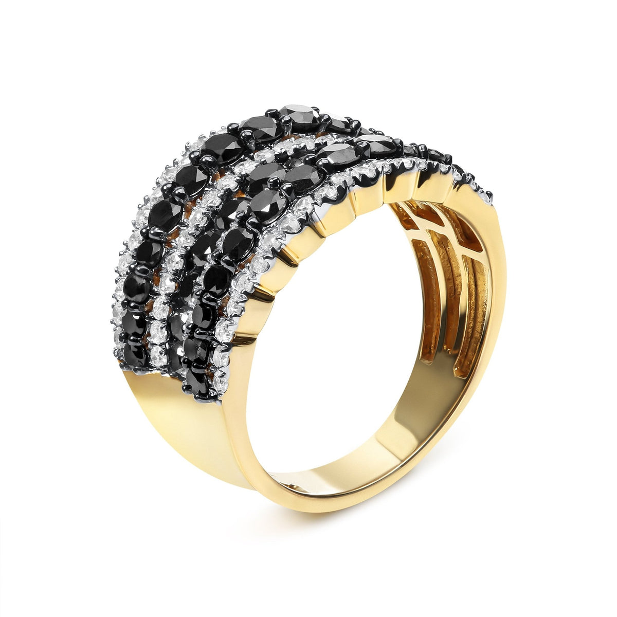 14K Yellow Gold Plated .925 Sterling Silver 1 3/4 Cttw Treated Black and White Alternating Diamond Multi Row Band Ring (Black / I-J Color, I2-I3 Clarity) - Size 7 - LinkagejewelrydesignLinkagejewelrydesign