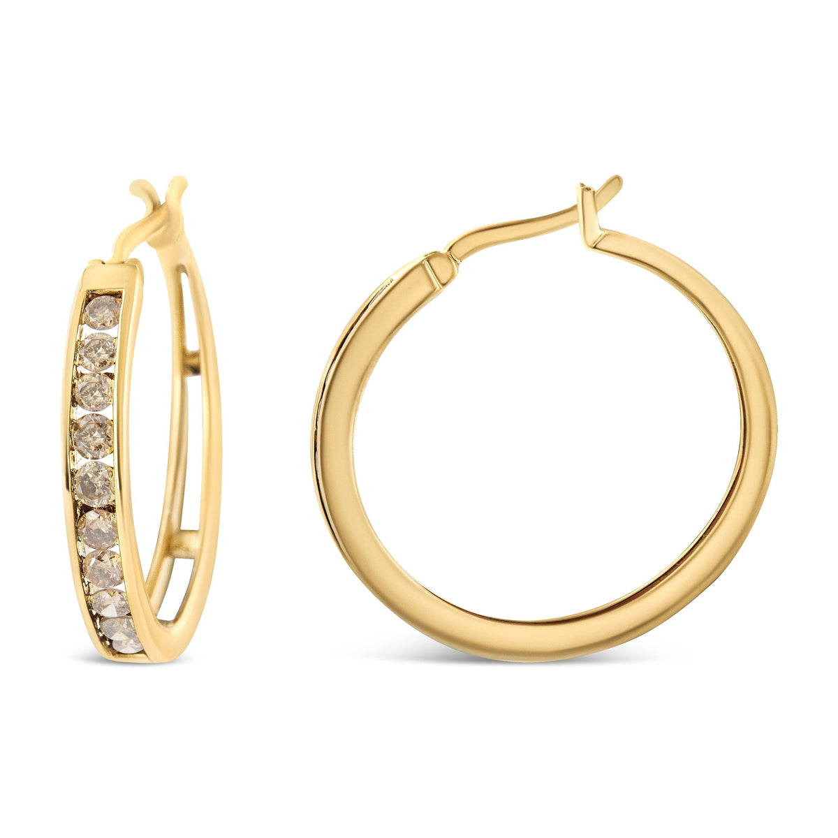 14K Yellow Gold Plated .925 Sterling Silver 1.0 Cttw Channel Set Champagne Diamond Hoop Earrings with Snap Post (K-L Color, I1-I2 Clarity) - LinkagejewelrydesignLinkagejewelrydesign