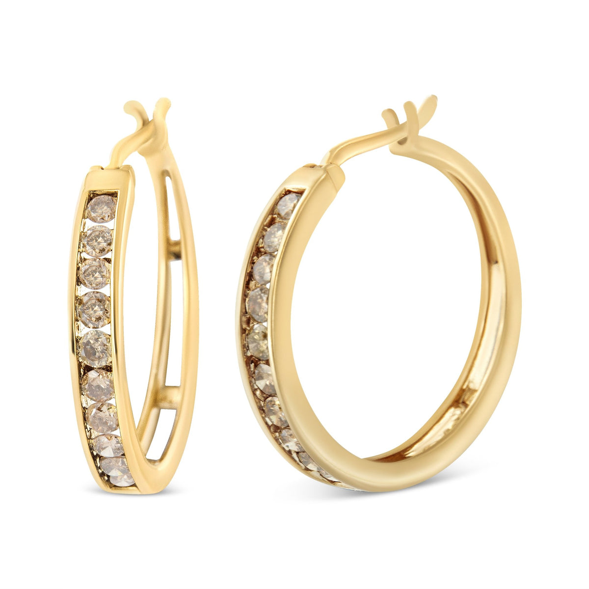 14K Yellow Gold Plated .925 Sterling Silver 1.0 Cttw Channel Set Champagne Diamond Hoop Earrings with Snap Post (K-L Color, I1-I2 Clarity) - LinkagejewelrydesignLinkagejewelrydesign