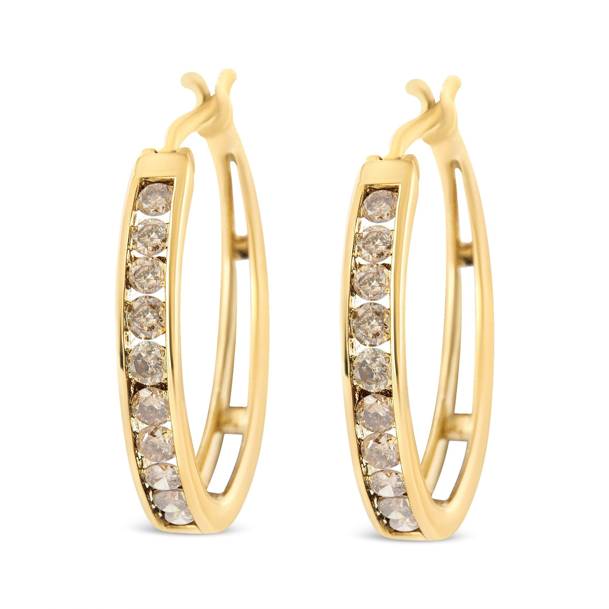 14K Yellow Gold Plated .925 Sterling Silver 1.0 Cttw Channel Set Champagne Diamond Hoop Earrings with Snap Post (K-L Color, I1-I2 Clarity) - LinkagejewelrydesignLinkagejewelrydesign